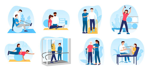 People in orthopedic therapy rehabilitation. Therapists character working with disabled patients, rehabilitating physical activity, physiotherapy. Set of flat cartoon vector illustrations