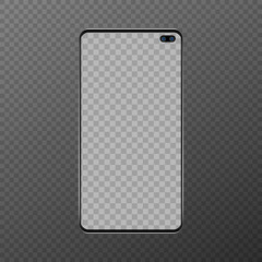 Black smartphone with blank screen, two cameras, on a transparent background. Vector illustration in a realistic style. android smartphone with big screen and cameras. blank screen.