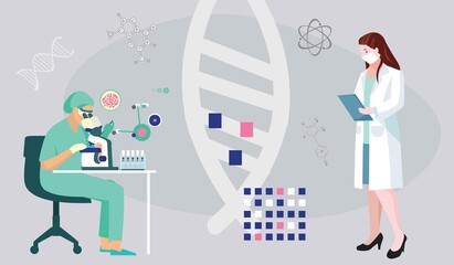 Biotechnology concept in flat style. Scientists in laboratory scene. Science research, DNA sequence cloning and recombination web banner. Vector illustration with people characters in work situation.
