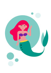  cartoon red-haired young mermaid with green tail and purple bra