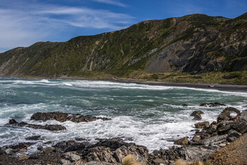 Rough water at Owhiro Bay in Wellington, New Zealand