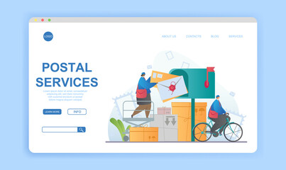 Abstract concept of postal services with fictional characters. Flat cartoon vector illustration. Webpage, website, landing page template. Abstract metaphor