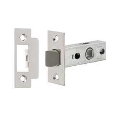 Steel-colored interior latch with a standard rubberized transom for noise insulation and a striker on a white background
