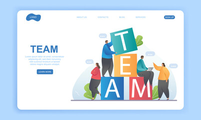 Team building and teamwork concept. A group of multiracial business colleagues making up the word team of cubes. Flat cartoon vector illustrstion. Website, webpage, landing page template