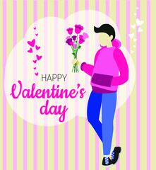 Valentine's day. Romantic. Happy birthday. Young Man Giving Bouquet of Flowers. Flat Vector Illustration