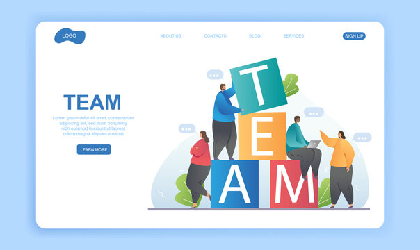 Team building and teamwork concept. A group of multiracial business colleagues making up the word team of cubes. Flat cartoon vector illustrstion. Website, webpage, landing page template