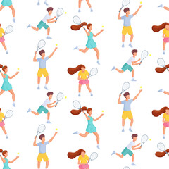 Seamless pattern with young people playing tennis. Sports concept. Design for wrapping paper, print, fabric or textile. Flat vector illustration.