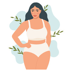 Portrait of beautiful plus size woman. Love your body or body positive concept. Flat vector illustration.