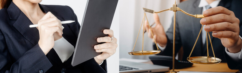 Business and lawyers discussing contract papers with brass scale on desk in office. Law, legal services, advice, justice and law concept picture with film grain effect