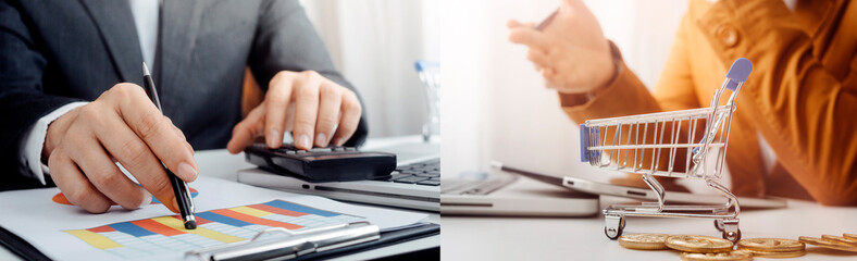 businesswoman hand using smart phone,mobile p payments online shopping,omni channel,digital tablet docking keyboard computer at office in sun light