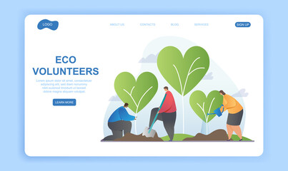 Eco volunteering abstract concept. Giant diverse multiracial characters planting and watering trees. Flat cartoon vector illustration. Website, webpage, ladning page template. Abstract metaphor