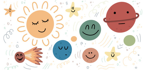 Cartoon Planets Set. Collection of various planets, moons, asteroid and earth globes isolated on white background. Doodle characters illustrations.