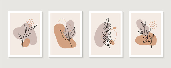 Vector set of boho wall art. Trendy pictures with plants and abstract organic shapes. Botanical illustration © Artulina