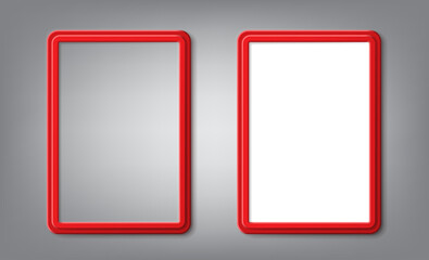 Realistic red frames with rounded corners and shadows are blank mockup. Vector modern design of template photo frame A4 size is perfect for presentations, photos and pictures