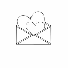 Postal envelope with hearts inside ; symbol of romance. Black and white illustration on white background, elegant element for design, greeting cards, party, wedding invitations, sticker.