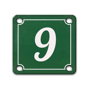 Green 3D house number sign with plastic texture and white number 9, address plate illustration