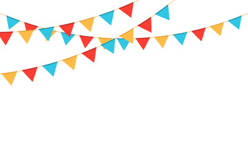 Multicolored triangular flags on ropes on a white background. Decoration from triangular flags.