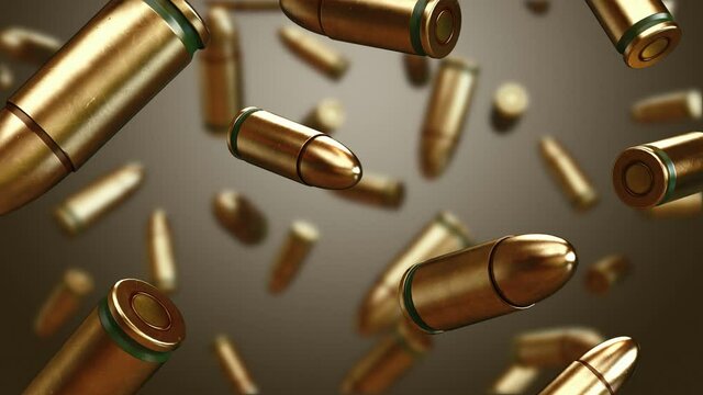 Lots of Bullets falling Down with Luma Matte. War Concept. Professional Cinematic Slow Motion 4K 3d animation.  3d Model.