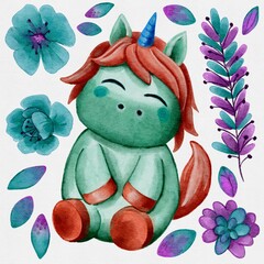 Isolated Baby Unicorn Sweet Toy Portrait Watercolor Clipart. Unicorn Nursery Illustration. Unicorn Princess Poster. Fashionable Blue Green Cartoon Horse.