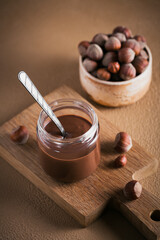 Homemade Chocolate Hazelnut Milk Spread on a brown Background
