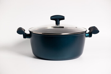 Stainless steel stewpot on white background