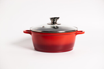 Stainless steel stewpot on white background