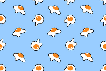 Broken eggs seamless pattern. Scrambled eggs. Blue breakfast background in EPS10,vector illustration