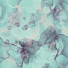 Seamless abstract geometric pattern with stains and bubbles on a mint background in digital fluid art technique 