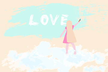 Little girl paints on the wall with a brush. Girl on clouds. Place for text