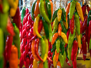Chili peppers hang out to dry at the local food market. 
