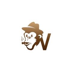 Monkey head icon logo with letter V template design