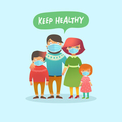 Happy family is wearing masks during coronavirus. Virus and illness protection, quarantine. COVID-19. A call to keep healthy. Mother, Father, Daughter and Sun.