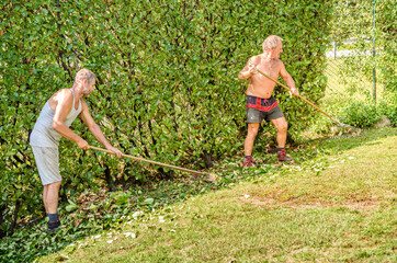 Gardeners are removing the leaves with rakes in the garden.