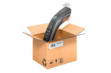 Electric hair clipper inside cardboard box, delivery concept. 3D rendering