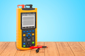 Digital oscilloscope, industrial scopemeter on the wooden planks, 3D rendering © alexlmx