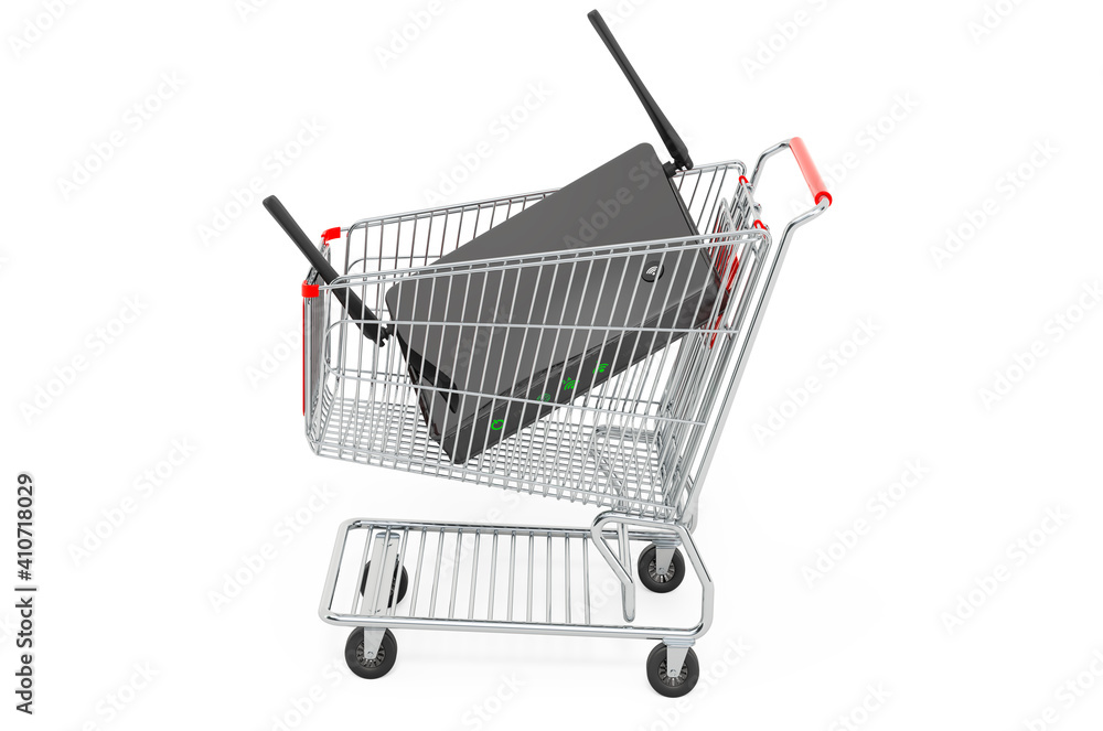 Poster shopping cart with router, 3d rendering