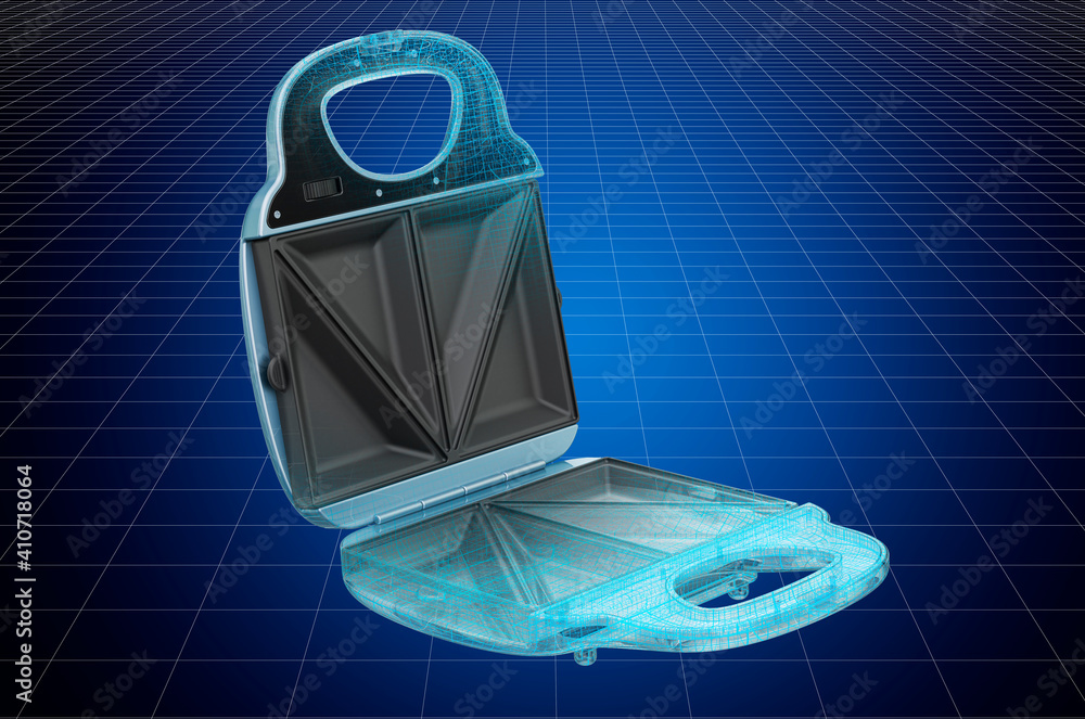Poster visualization 3d cad model of sandwich toaster blueprint. 3d rendering