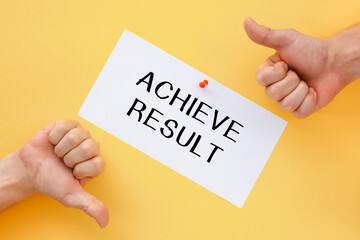 Male hands show signs of approval or disapproval. Postcard with the inscription ACHIEVE RESULT