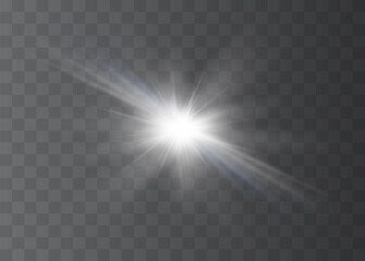 White glowing light explodes on a transparent background. Vector illustration of light decoration effect with ray.