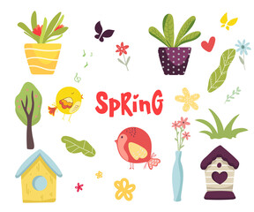 Set birds with birdhouses, tree and flowers. Vector set of cute spring flowers, plants, decorations. Garden party. Collection of scrapbook elements