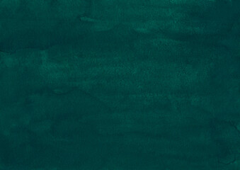 Watercolor deep teal green background painting. Liquid emerald color old backdrop. Stains on paper