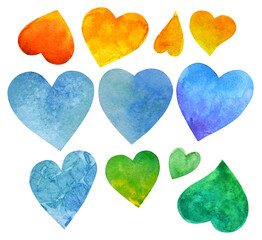 Yellow, green and blue watercolor hearts isolated on white background