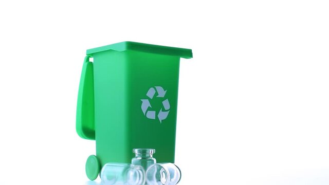 Trash recycle. Bin container for disposal garbage waste and save environment. Green dustbin for recycle glass can trash isolated on white background