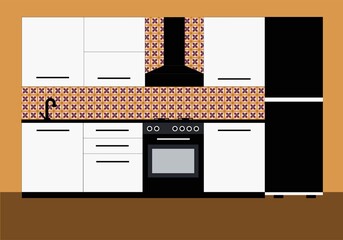 Stylish kitchen interior in white and black and bright decorative tiles. Home creation set. Vector flat cartoon plane style illustration.