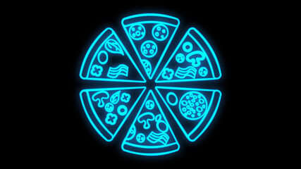 Colorful neon pizzeria signboard flat illustration. Bright pizza time cafe with inscription isolated on brick wall background. Glowing light sign of restaurant, cafeteria or bistro