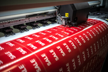 Full-color printing on the machine of the sticker with the inscription sale