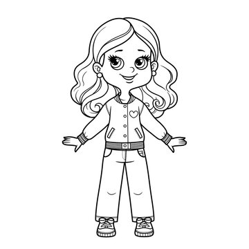Cute cartoon girl in denim leans, college jacket  and sneakers outline for coloring on white background