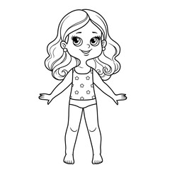 Cute cartoon girl dressed in underwear and barefoot outline for coloring on a white background