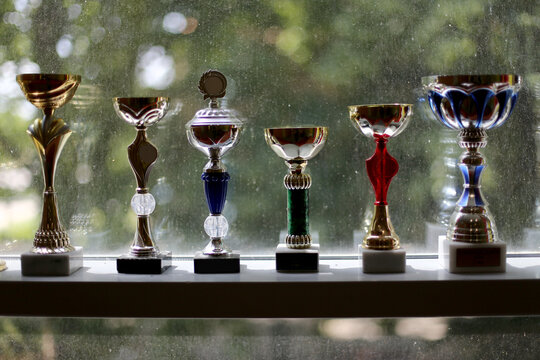 Group Of Sport Trophies In Row In A Sport Hall