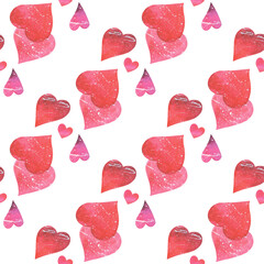 Seamless pattern of watercolor hearts on a white background for Valentine's Day